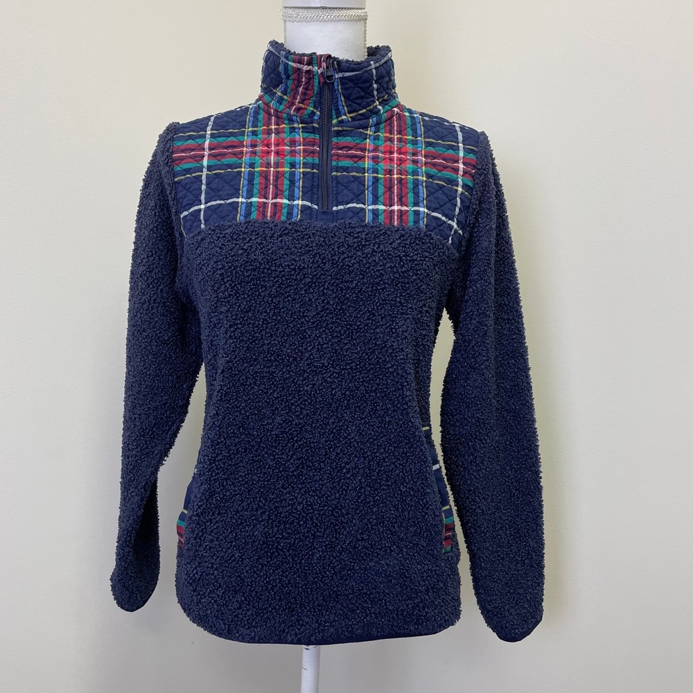 Vera Bradley Navy Teddy Fleece Pullover Small 1/4 Zip ClassicPlaid Quilted Yoke